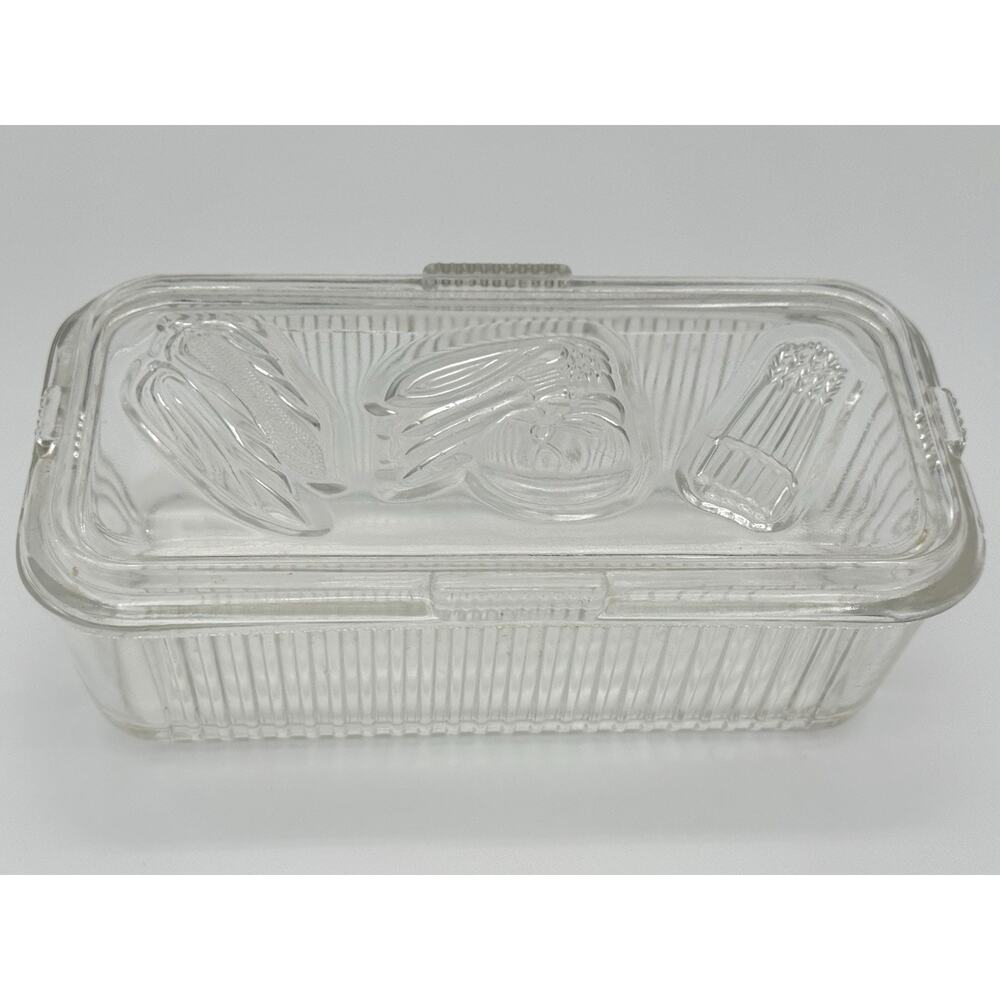 MCM 1940's Federal Glass Refrigerator Dish W/Lid Embossed Vegetables Cottagecore